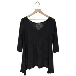 Clara Sun‎ Woo Black Laser Cut Floral Tunic Size M | 3/4 Sleeve Asymmetrical Hem